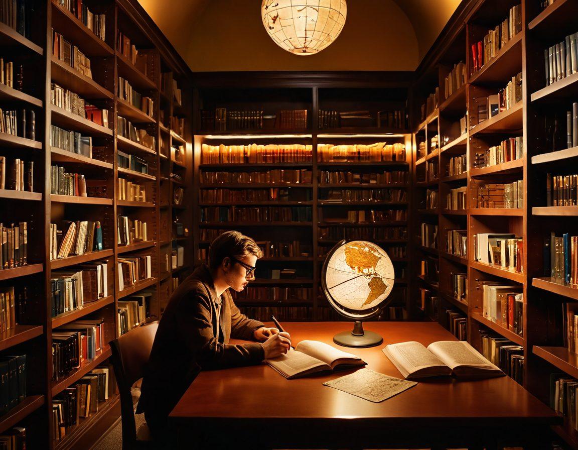 A sophisticated and artistic representation of a person exploring a library filled with shelves of various explicit media genres, illuminated by soft, warm lighting. Include a globe and map on the table to symbolize navigation, while portraying a thoughtful expression on the person's face. The background should feature abstract shapes related to film and media. modern art style. warm colors. 3D.